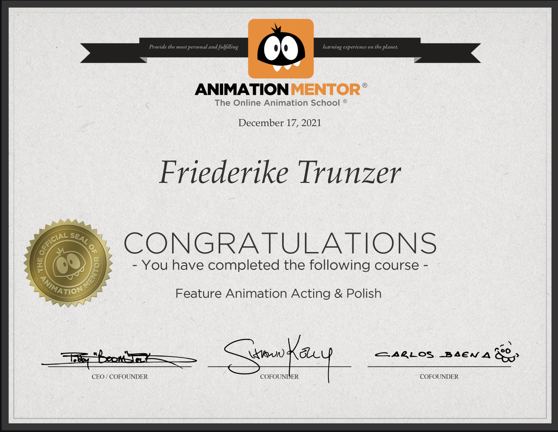 Abschluss von rike Trunzer bei Animation Mentor